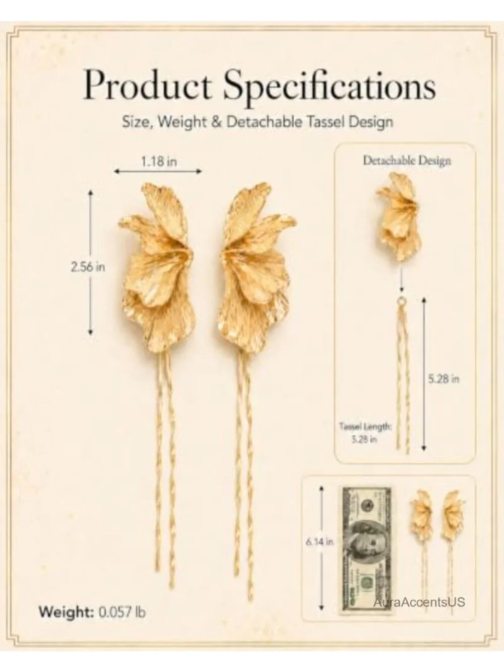 18K Gold Plated Flower Tassel Drop Earrings Statement Long Dangle Jewelry for